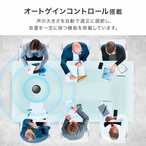 Bluetooth会議スピーカーフォン(USB接続対応)　1台 円形のスピーカーの上面が見え、中央にマイクと音量調節ボタンが配置されている状態