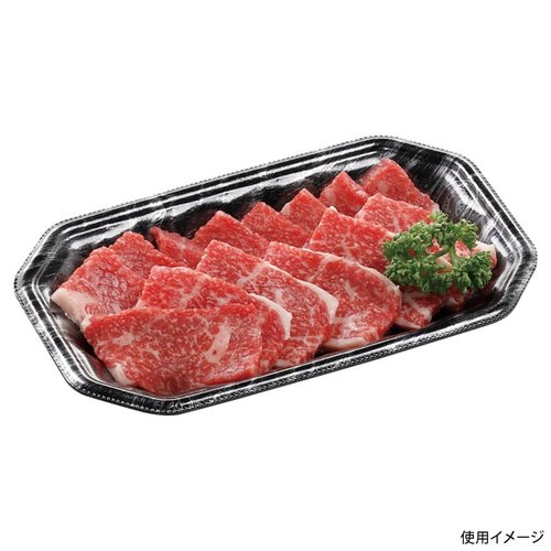 発泡トレー メガプレート20-12(30)平 エコ黒木銀 エフピコ 黒に光沢のあるエコトレーが横向きで整然と並んでいる様子