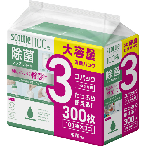 ｽｺｯﾃｨ ｳｪｯﾄﾃｨｼｭｰ 除菌 ﾉﾝｱﾙｺｰﾙﾀｲﾌﾟ つめかえ用 1ﾊﾟｯｸ(300枚:100枚×3個)