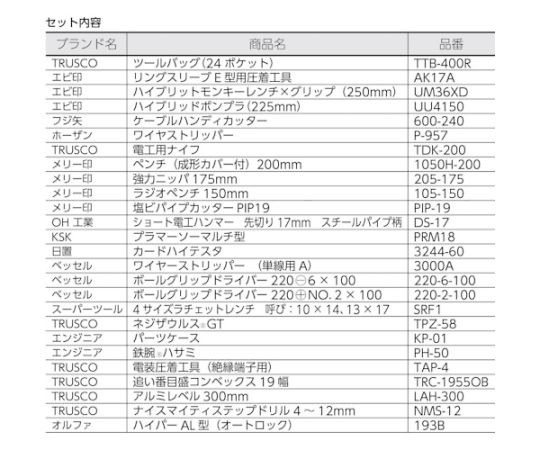 ピカイチ　プロ用電設工具セット　26点セット 各種電設工具が整然と並んでいる状態