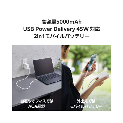 モバイルバッテリーAC一体5000mAhC2白 白いモバイルバッテリーの側面が見える状態、コンセントが一体化しているデザイン。