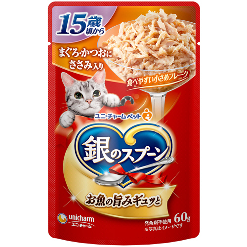 銀のｽﾌﾟｰﾝ ﾊﾟｳﾁ(ｳｪｯﾄ) 15歳頃- まぐろかつおにささみ 60g 1ｾｯﾄ(16ﾊﾟｯｸ)画像
