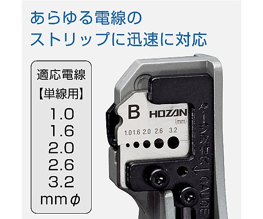 ワイヤーストリッパー 1.0/1.6/2.0/2.6/3.2mmφ 握りやすいグリップ部分が正面を向いた状態