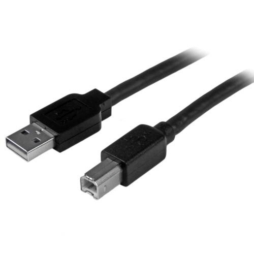 USB2.0　アクティブリピーターケーブル　15m　Aタイプ(オス)-Bタイプ(オス)　ブラック　1本 ケーブルが真っ直ぐ伸び、コネクタ部分が互いに向き合った状態
