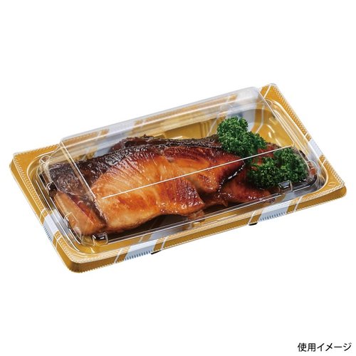 惣菜容器 FTプレイン18-11(20) スラン金 エフピコ 透明な容器に入った惣菜が並び、縁に金色のデザインが施されている様子
