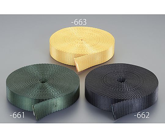 35x2.0mm/10m 荷締機用ベルト(PE製･OD色) 緑色のベルトが縦に巻かれた状態で、両端には金具が付いている。