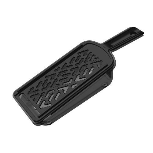 おろし金 関孫六 おろし器 受け皿付き レギュラー 透明な受け皿の上に置かれたおろし器が、金属製の刃を見せている様子
