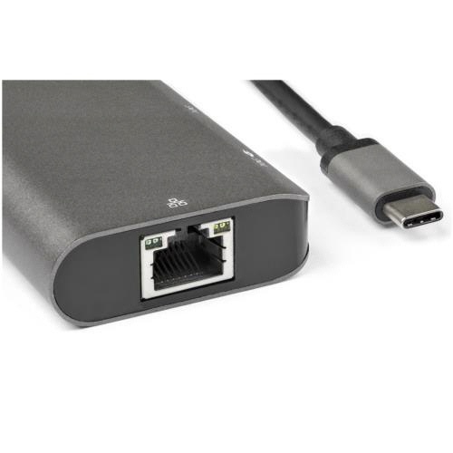 USB　Type-C　マルチハブ　グレー　1個 全体が見える角度で撮影された薄型デザインの製品、コネクタ部分が目立つ配置。