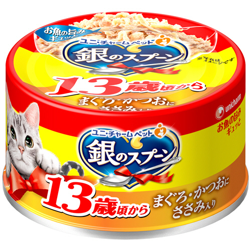 銀のｽﾌﾟｰﾝ缶 13歳頃から まぐろ･かつおにささみ入り 70g 1ｾｯﾄ(6個)画像