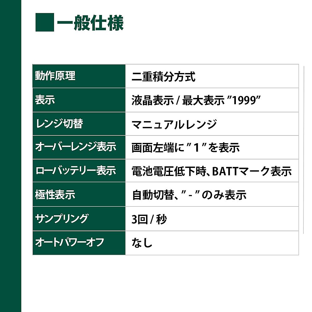 デジタルマルチテスター 正面から撮影された本体、液晶画面に測定値が表示されている状態
