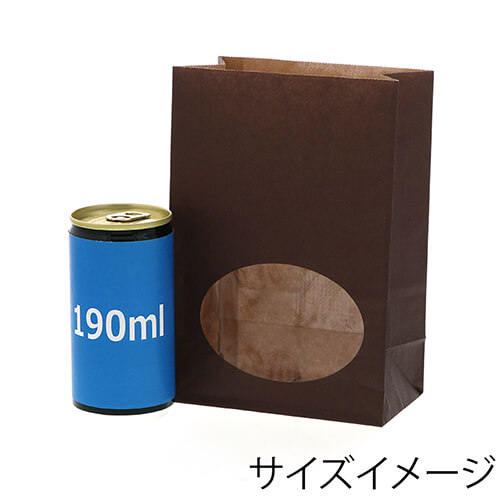 角底袋（窓付き・ブラウン・幅120×マチ65×高175mm) 正面を向いて1点立てられたブラウンの袋、中央に縦長の透明窓があり底が角形になっている様子