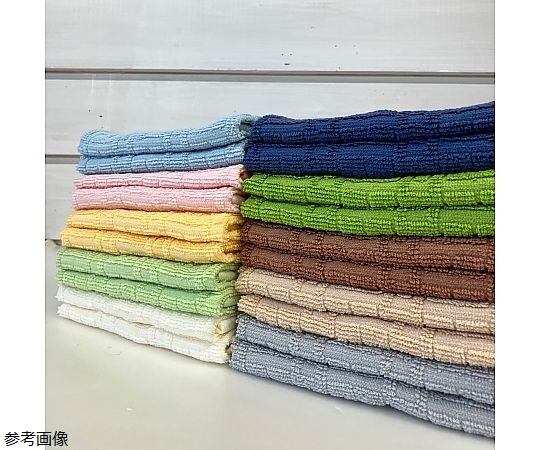 フェイスタオル2P バラエティカラー5 BLUE 34×80cm 1セット（2枚×10袋入） 商品のパッケージが正面から見える状態で、鮮やかなカラーバリエーションが配置されている。