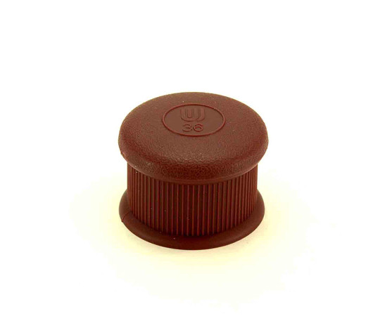 イスキャップ　丸脚用　茶　対象脚サイズ36mm 丸脚用の茶色のキャップが整然と並んでいる様子