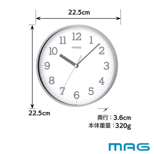 掛け時計　掛時計　ガレット　グレー 文字盤がグレーの掛け時計が壁に掛けられ、針が現在の時刻を指している様子。