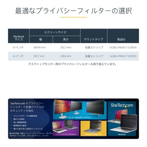 のぞき見防止プライバシーフィルター　14型MacBookPro　2021/2023　ゴールド　1枚 スリムなデザインのフィルターが画面の上部に接触している様子