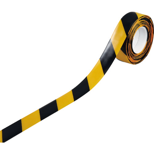 高耐久ﾗｲﾝﾃｰﾌﾟ 黄/黒 50mm幅×10m 両端ﾃｰﾊﾟｰ構造 屋内用 1巻画像