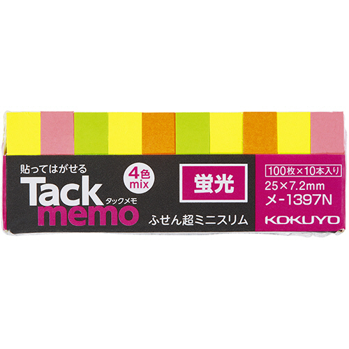 ﾀｯｸﾒﾓ(蛍光) 付箋･超ﾐﾆ･ｽﾘﾑﾀｲﾌﾟ 25×7.2mm 4色 1ｾｯﾄ(100冊:10冊×10ﾊﾟｯｸ)画像