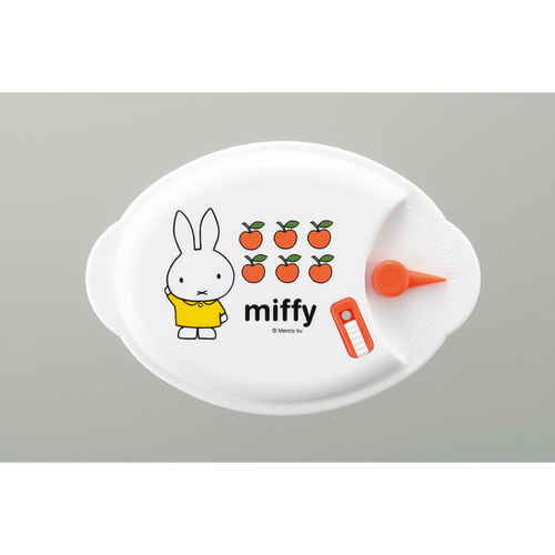 保存容器　MIFFY　ミッフィー　電子レンジ容器　丸型　小判型　正角型　5個セット 透明な容器が平らに並べられ、カラフルなキャラクターがデザインされている様子