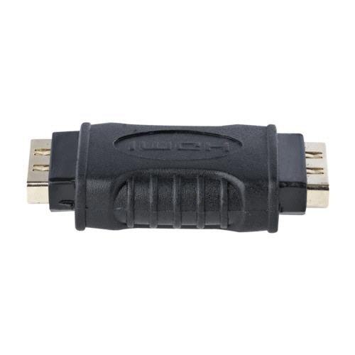 HDMI　中継コネクター　メス-メス　ブラック　1個 黒いコネクターの両端が見える状態、上からのアングルで撮影された様子