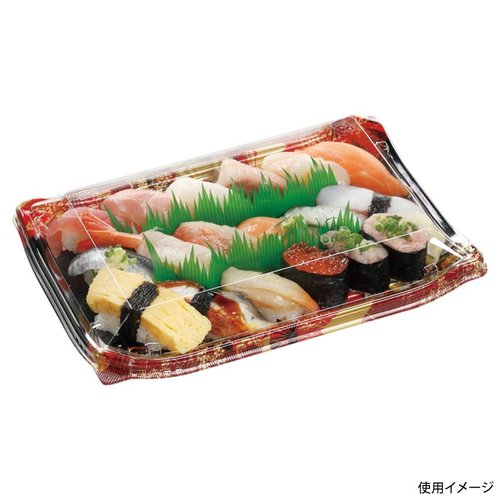 寿司容器 四季皿3-6 本体 扇ばやし赤 エフピコ 鮮やかな赤い扇ばやしが中央に配置された、シンプルで洗練されたデザインの皿