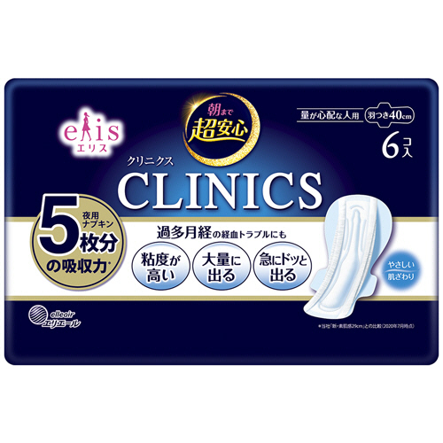 ｴﾘｽ 朝まで超安心 ｸﾘﾆｸｽ(量が心配な人用) 羽つき 1ﾊﾟｯｸ(6枚)