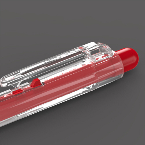 ノック式油性ボールペン　グリップ付　0.7mm　赤　(軸色:クリア)　1パック(10本) 透明な軸色のボールペンが並んでいる様子、先端は赤く目立つ。