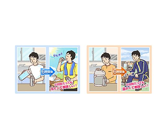 0.5L 保温ボトル(ステンレス製/ブルー) ステンレス製のボトルがテーブルの上に直立している様子、光沢のある青い表面が輝いている。