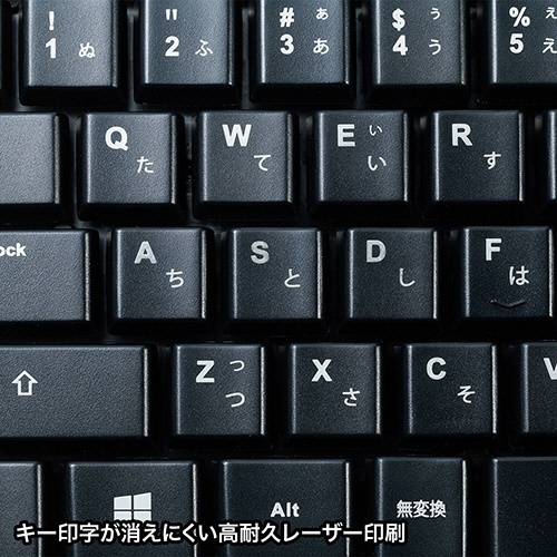 マウス付きワイヤレスキーボード　ブラック　1台 鍵盤が黒色のローボディデザインで、側面にワイヤレス受信機が確認できる状態