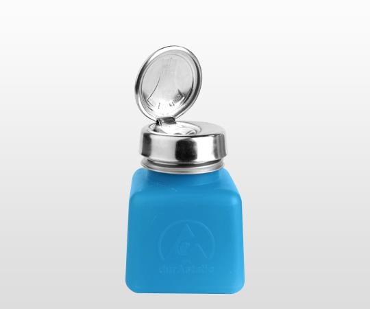 静電気拡散性ボトル(角型)ワンタッチ 120mL 透明な容器が角型で、スムーズに開閉できるワンタッチキャップの様子