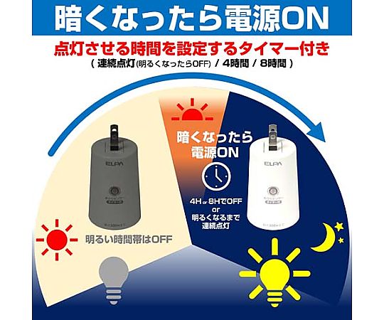 AC100V 明暗センサースイッチ(タイマー付) センサー部分がクローズアップされた状態で、タイマー機能のディスプレイも確認できる。