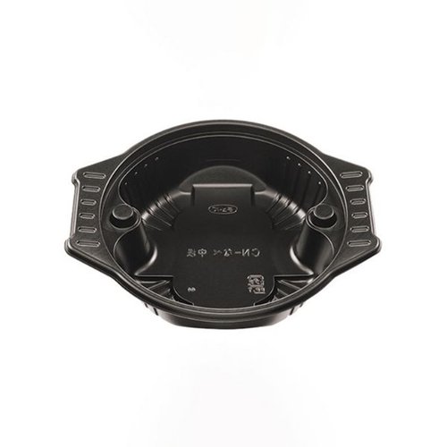 スープ容器 CN-なべ 中浅 黒本体 エフピコチューパ 丸みを帯びた形状の黒いスープ容器が手前にあり、底が平らで安定した印象を与えている。
