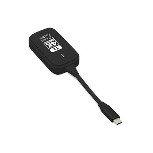 4Kワイヤレスプレゼンテーション SPCastPocket(USB-C to HDMI) (子機×2台) 黒 1セット 個別に並べられた二つのデバイスと、接続ポートが確認できる黒いパッケージの側面