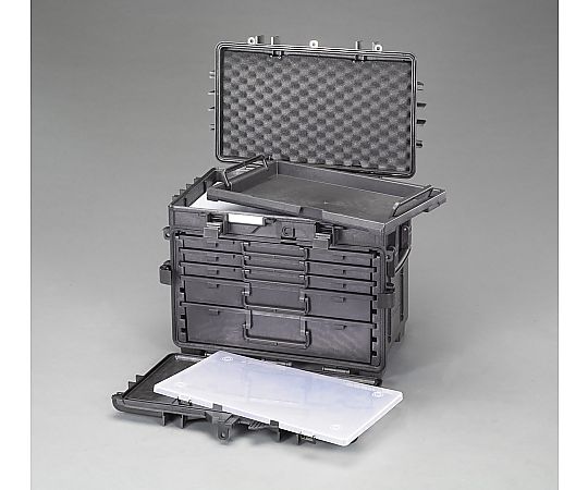 585x381x457mm ツールトロリー(ブラック) 側面からの全体像、黒いキャビネットと引き出しが並ぶ状態