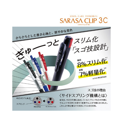 サラサクリップ3C 0.5 黒 パッケージが横向きで色鮮やかなデザインが見える状態