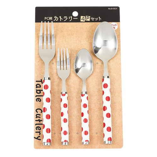 スプーン フォーク 大 小 セット 4本入り ステンレス ドット 赤画像