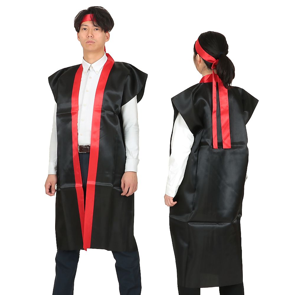 サテンロングハッピ 黒(襟赤)ハチマキ付 L(大)画像