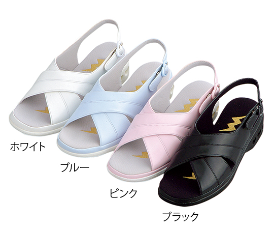 パーフェクトナース(ナースシューズ) クロスバンド ピンク S クロスバンドが特徴的なピンクのナースシューズが横向きに立てられている状態