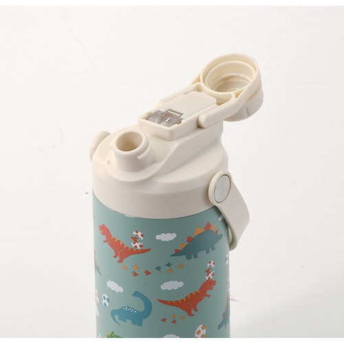 水筒　400ml　2WAYキッズボトル400　保冷　恐竜 恐竜デザインのボトルが斜め上から見える状態