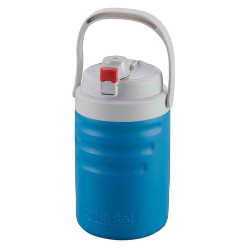 水筒　2L　プラスチック　保冷専用　ニューレックス　ワンタッチ　ハンディーウォータージャグ　キャプテンスタッグ　ブルー 側面が見える状態で開閉機能が強調されたデザイン