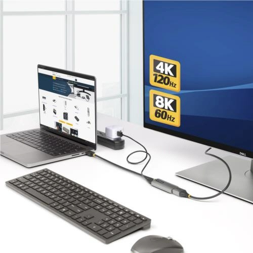 HDMI　2.1-DisplayPort　1.4変換ケーブル　30cm　スペースグレー/ブラック　1本 ケーブルが広がり、コネクタ部分がはっきりと見える状態
