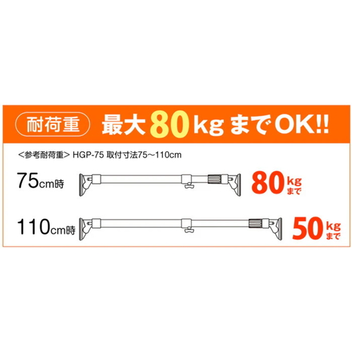 突っ張り棒 取付幅：75～110cm 小 ハイカム超極太ポール 超強力 パッケージの上面が見える状態、取り付け幅のサイズ表示も確認できる。