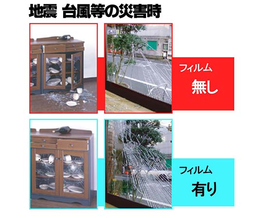 地震・台風　防災用　ガラスの飛散防止フィルム　透明板ガラス用　460mm 透明フィルムが適切に貼られたガラスの一部が見える状態