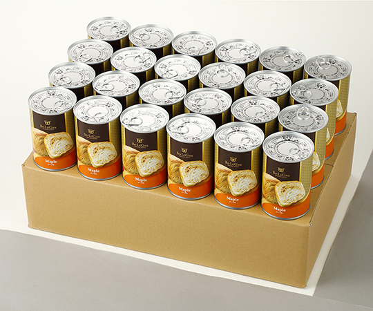 缶deボローニャ メープル 1セット（24缶×3箱入） 側面から撮影された缶が並ぶ様子、鮮やかなメープル色が際立つ。