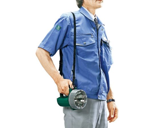 防爆型ケイタイランプ　3W　電池式 電源ボタンが強調された側面、前面にレンズが見える状態