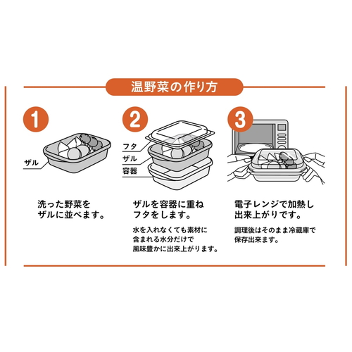 電子レンジ調理器　抗菌　atomico　蒸し調理器　日本製 白いプラスチック製の容器にフタがかぶせられ、内部に蒸し料理用の器具が収納されている様子