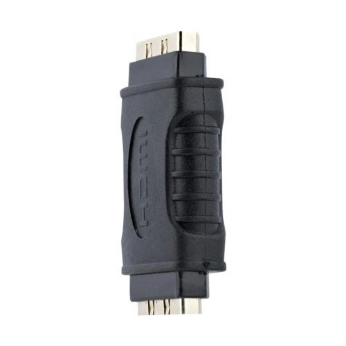 HDMI　中継コネクター　メス-メス　ブラック　1個 コネクター部分が正面に見える状態で、黒い樹脂ケースに収められている様子