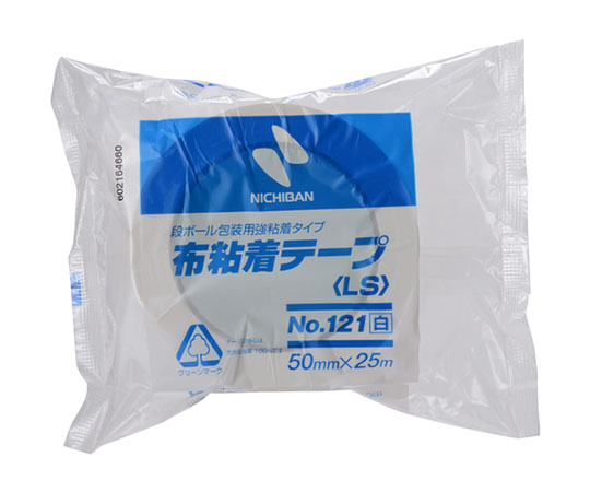 布粘着テープ121（シロ） 50mmX25m 透明なフィルムで包まれたシロい粘着テープが立てて置かれている状態