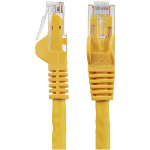 カテゴリ6　LANケーブル　RJ45モールドコネクタ　ツメ折れ防止　15m　イエロー　1本 全体が黄色のケーブルが直線的に伸びている様子、コネクタ部分がしっかりとした形状で見える状態。