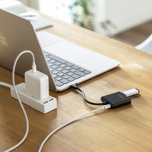 USB　Type-C　ハブ(Aポート×2・Type-Cポート×1)　ブラック　1個 商品の上面が見える角度で、ポートの詳細がはっきりとわかる状態。