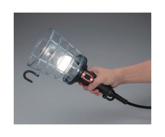 防雨型LEDケイ・ハンドランプ　7W電球形LEDランプクリップ付　5m クリップが付いた状態で吊るされている明るいランプ